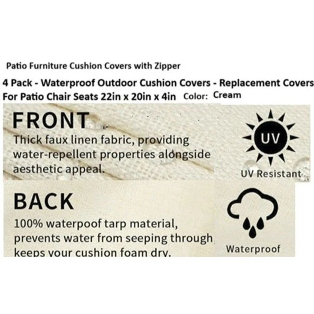 PureFit 4 Pack Cream Outdoor Patio Cushion Covers 22x20x4 Waterproof Zipper